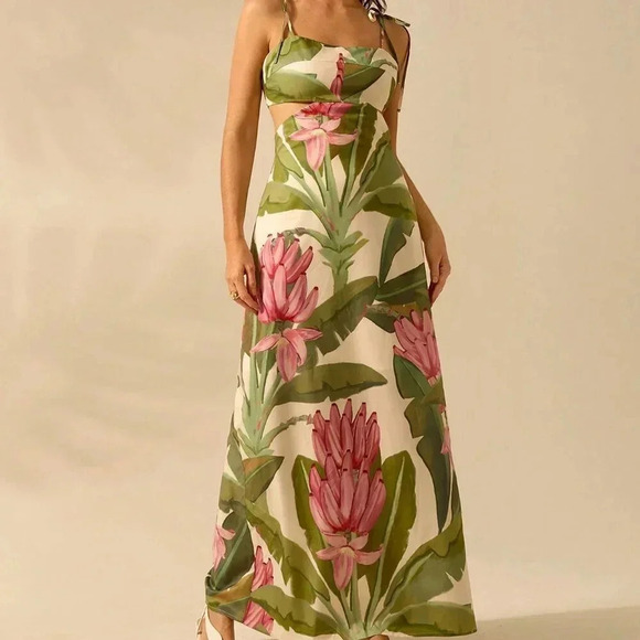 Dresses & Skirts - Multicolor Boho Women's Banana Tree Print Sleeveless Spaghetti Strap Dress